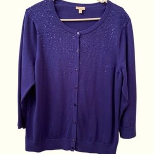 Talbots Cardigan Sweater Navy Blue Beaded Sequins Cotton Lightweight WM SZ XL